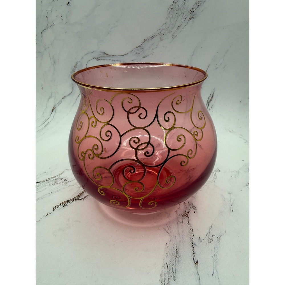 Vintage Cranberry Glass Rose Bowl Vase Gold Scroll Filigree Gilt Rim Pink 5in